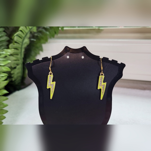 None Jewelry - Neon Yellow Rhinestone Lightning Bolt Statement Dangle Earrings / Pierced